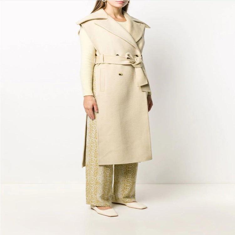 Women's sleeveless tailored wool blend gilet with wide shawl collar and belted tie Chichicherry