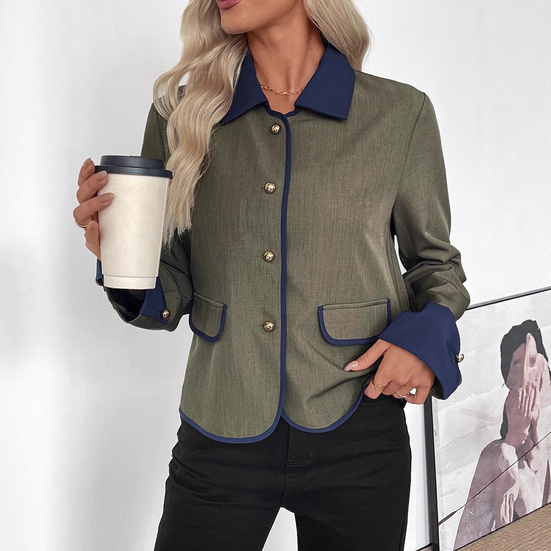 Ladies short blazer with contrasting piping, lapel collar and decorative buttons Chichicherry