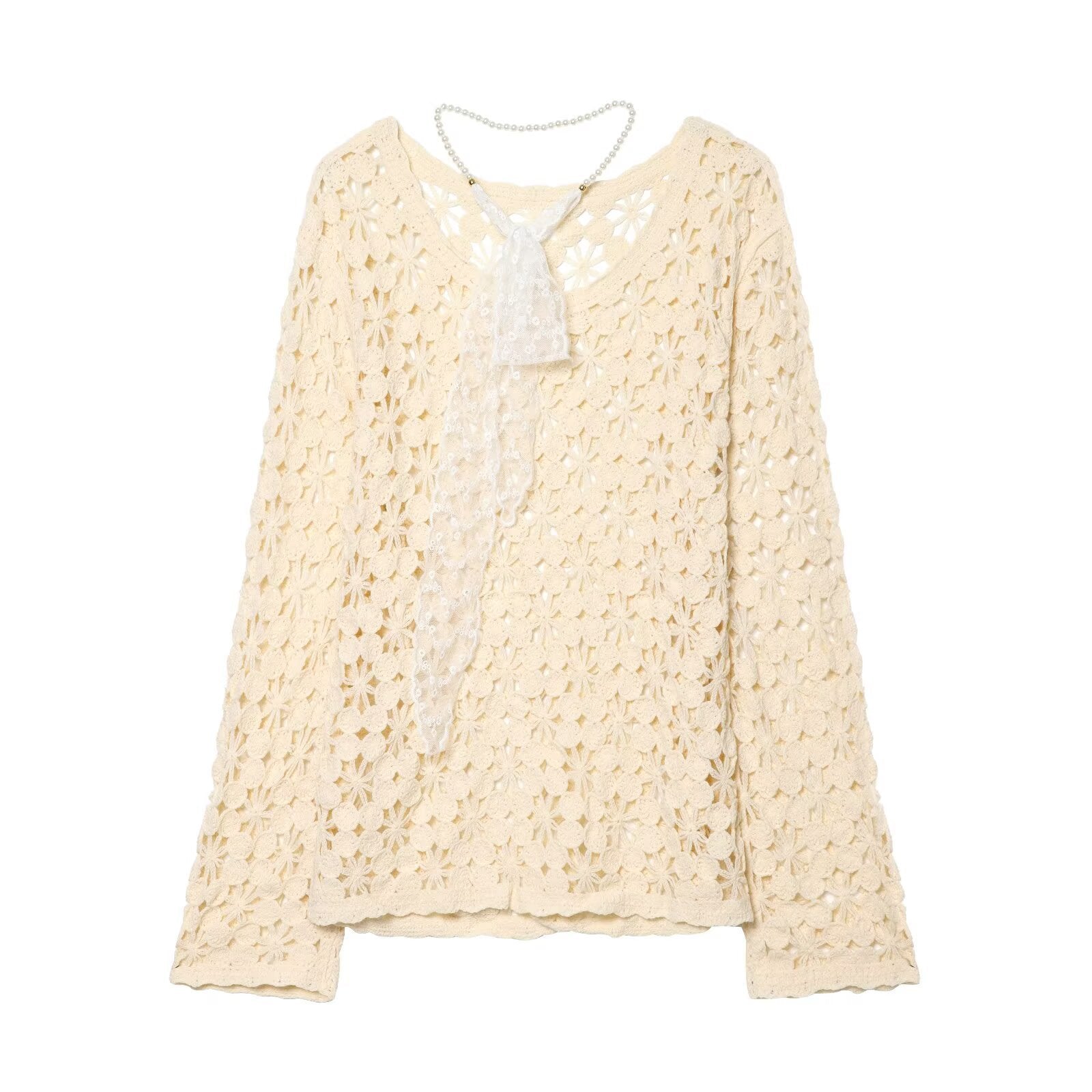 Women's crochet pullover with floral lace look, scallop hem, and delicate ribbon Chichicherry