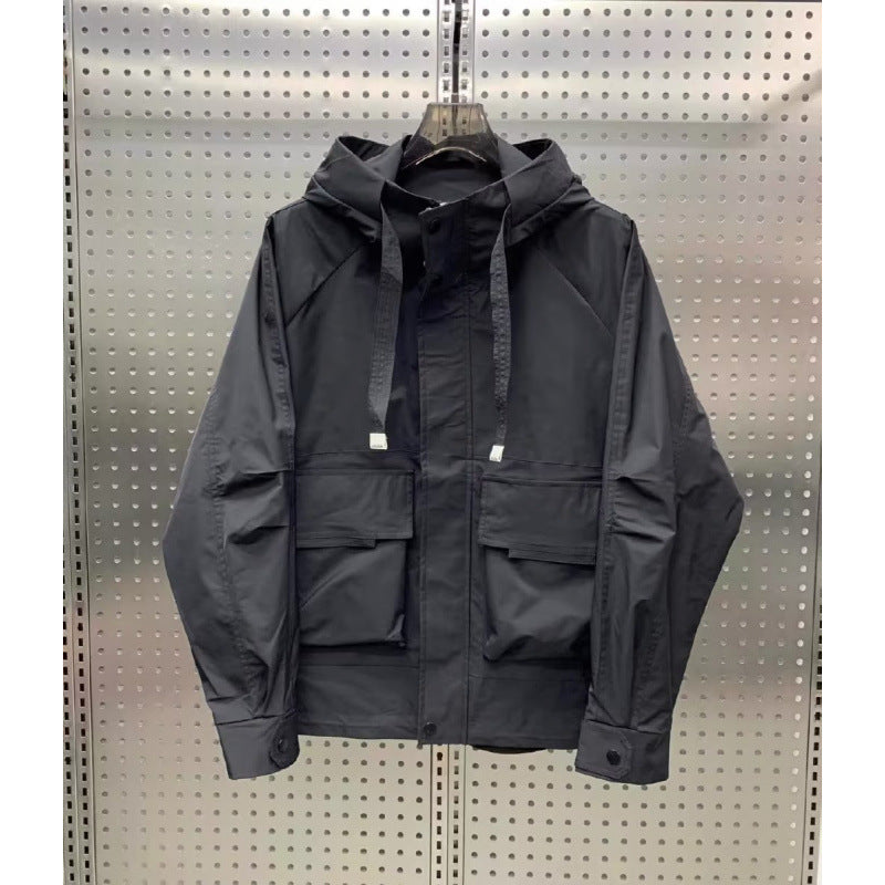 Herren Leichte Utility-Jacke mit Kapuze, mehreren Pattentaschen und verdecktem Reißverschluss Chichicherry