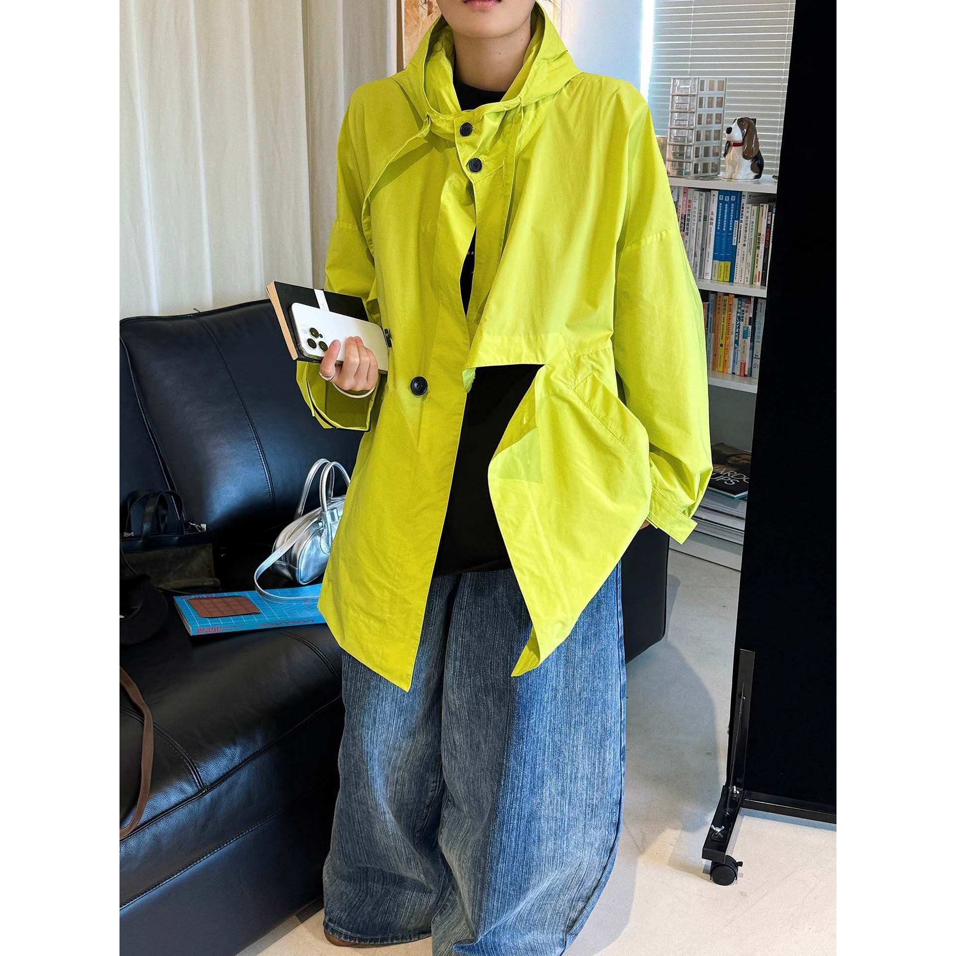 Ladies Oversize Rain Parka with Hood, High Stand Collar and Concealed Button Placket Chichicherry