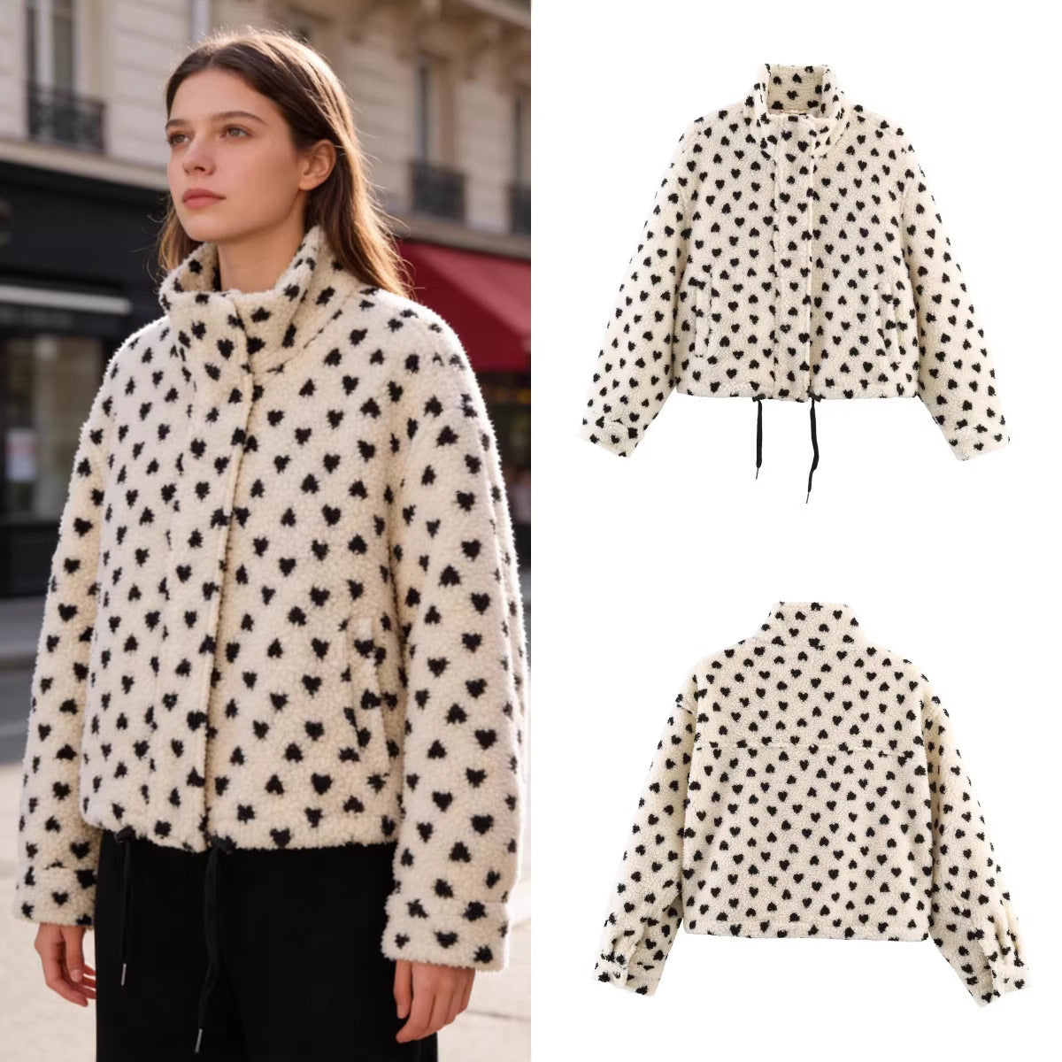 Women's Lined Teddy Jacket with Heart All-Over, Stand Collar and Drawstring Chichicherry