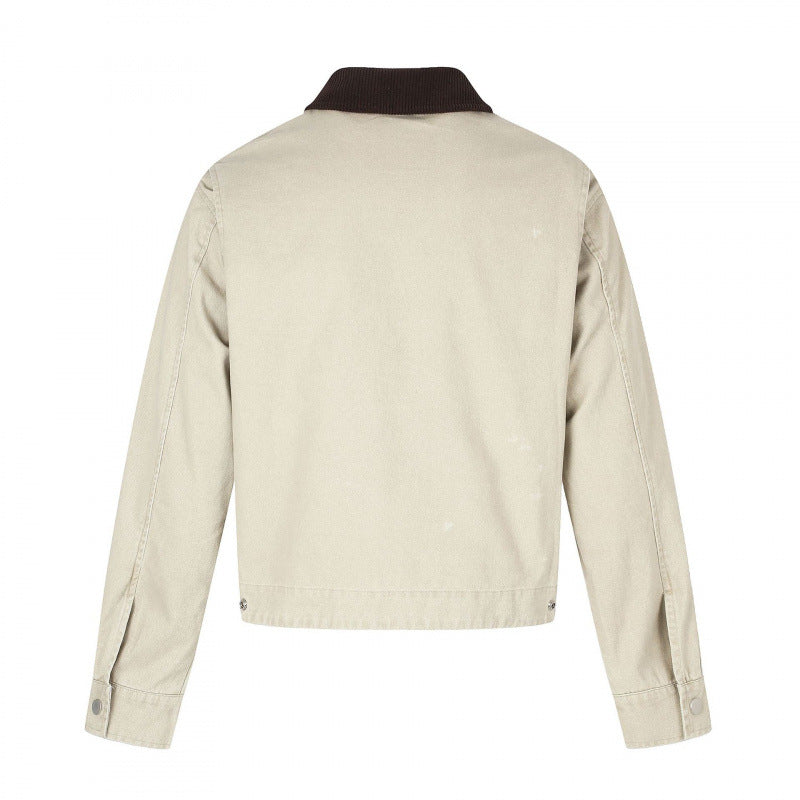 Men's Short-Cut Canvas Bomber Jacket with Cord Collar and Large Photo Collage Print Chichicherry