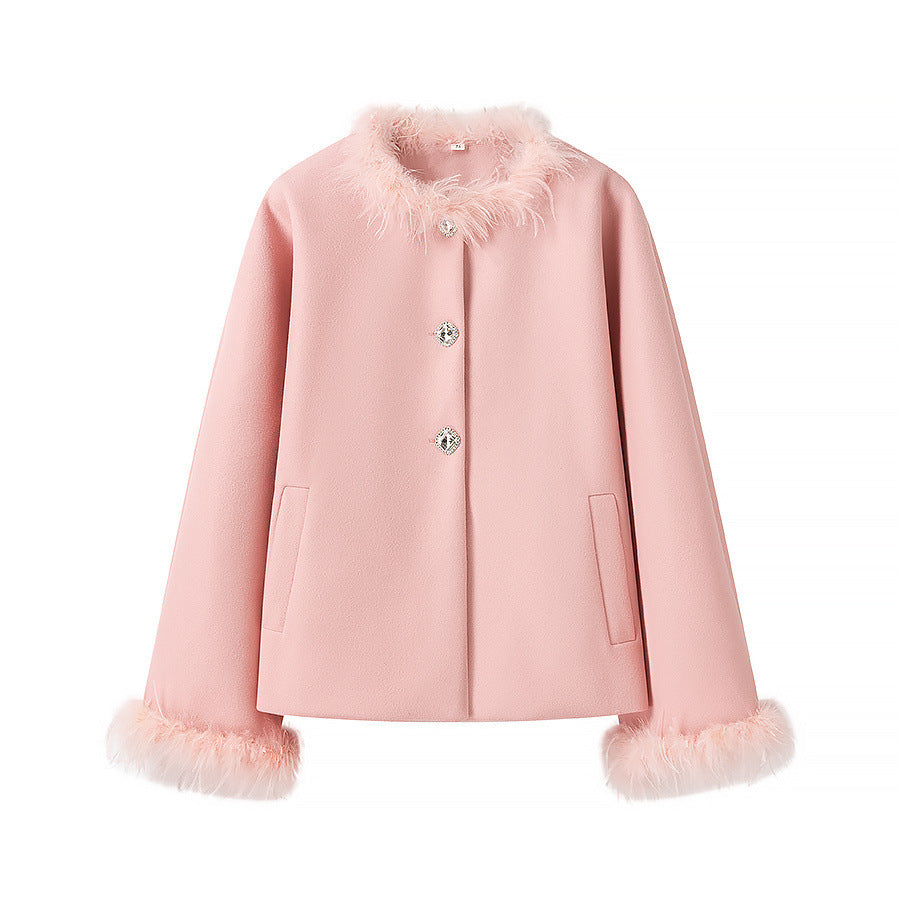 Women Elegant Short Coat with Faux Feather Trim and Decorative Buttons Chichicherry
