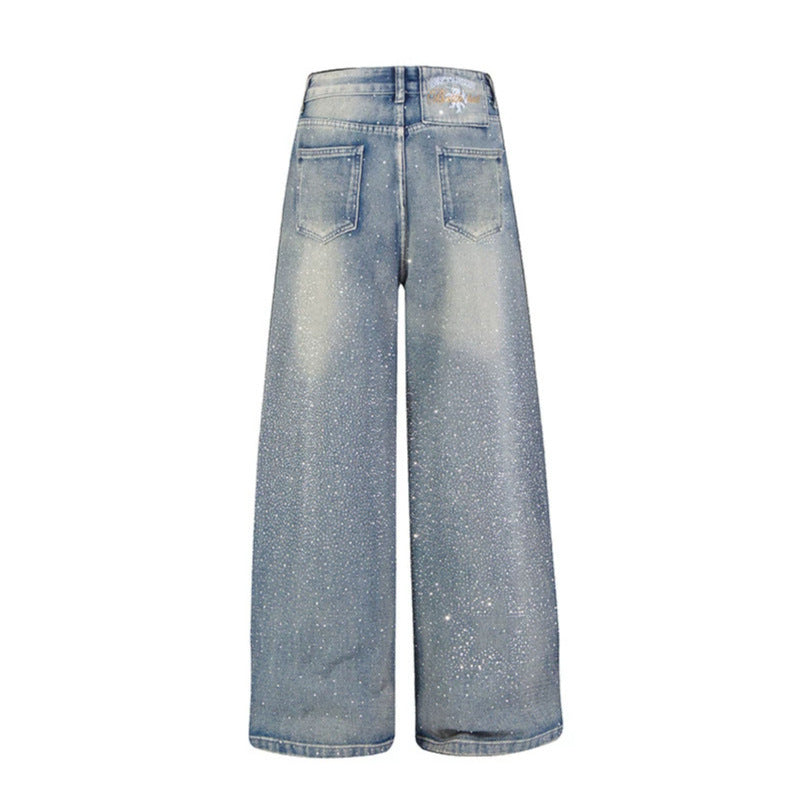 Women wide high-cut palazzo jeans with glitter effect and vintage wash Chichicherry