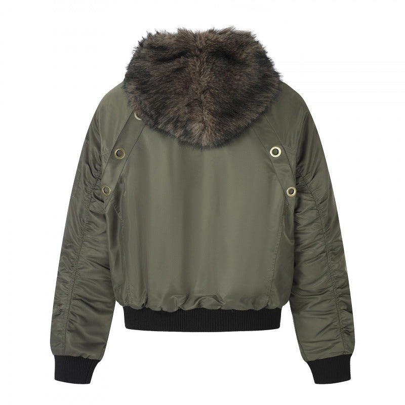 Women's short-cut bomber jacket with faux fur hood, metal eyelets and zipper Chichicherry