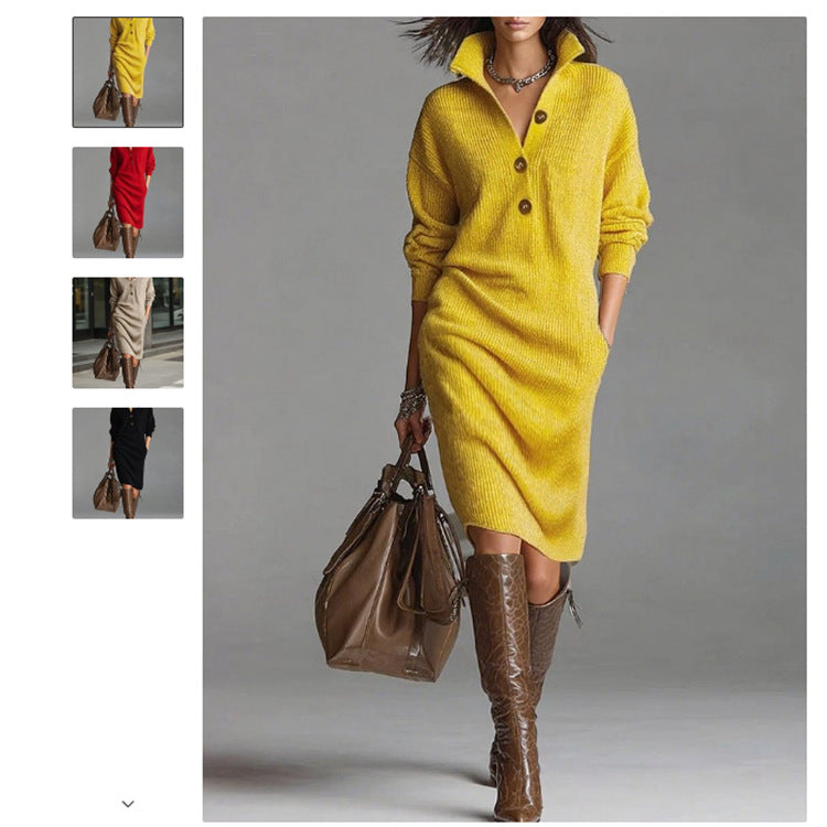 Women's ribbed midi dress with lapel collar, button placket, and patch pockets Chichicherry