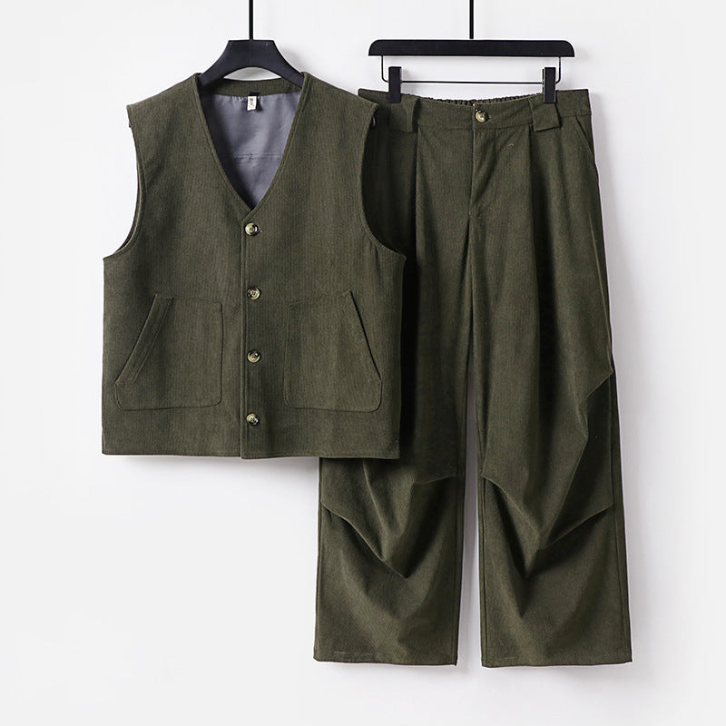 Men's cord loungewear set with V-neck vest and wide pleated trousers Chichicherry