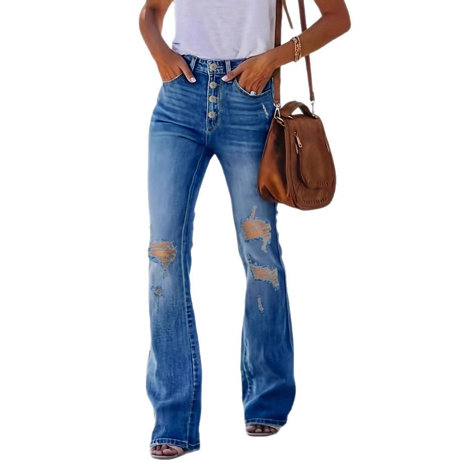 Women's high-waisted flared jeans with visible button fly, destroyed knee & sculpting stretch fit Chichicherry