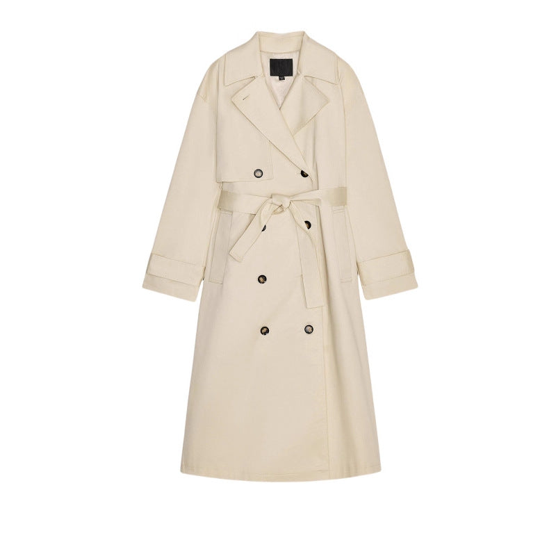 Women's Longer Trench Coat with Double-Breasted Button Placket, Waist Belt and Wide Lapels Chichicherry