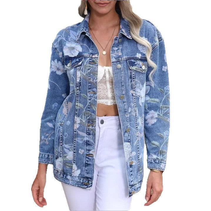 Women’s Longer Denim Jacket with Floral Allover Print, Chest Flap Pockets, and Casual Oversized Fit Chichicherry