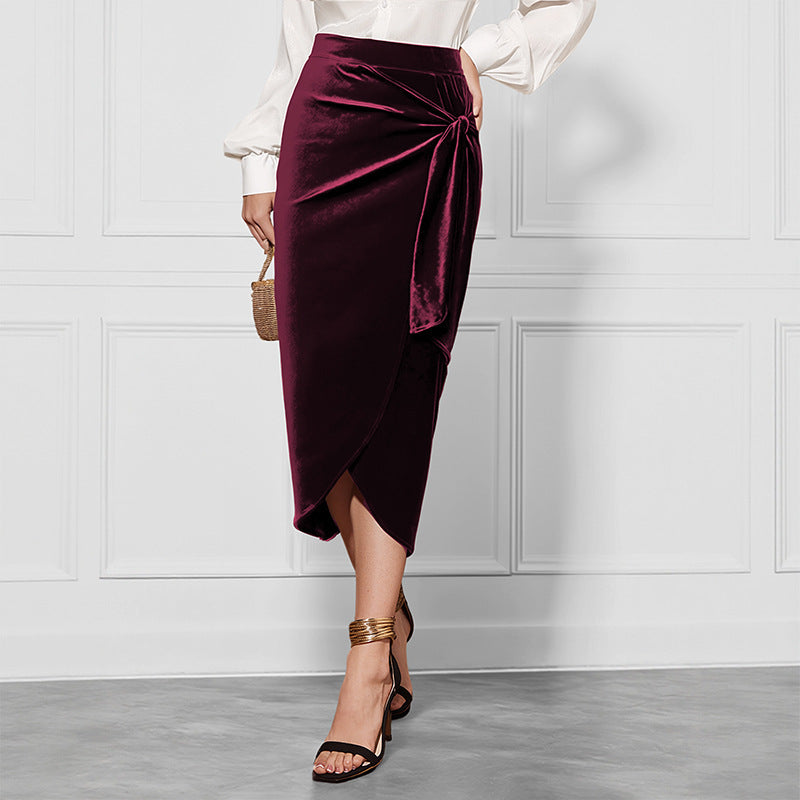 Women's midi skirt made of velvet with wrap look and knot detail
