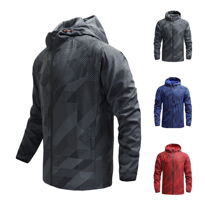 Men's ultralight breathable windbreaker with hood and reflective geometry print Chichicherry
