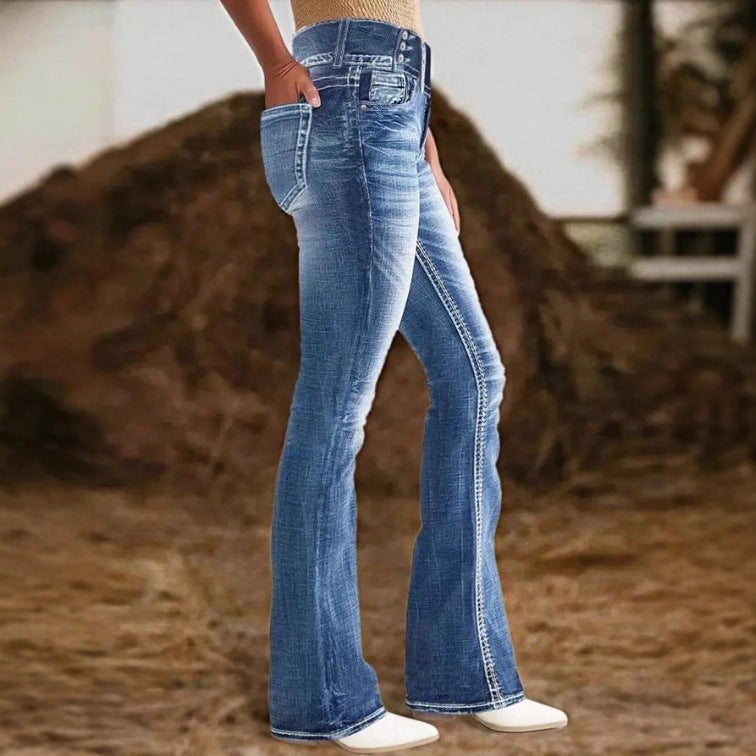 Women High-Waist Bootcut Jeans with sculpting seam design and light vintage finish Chichicherry