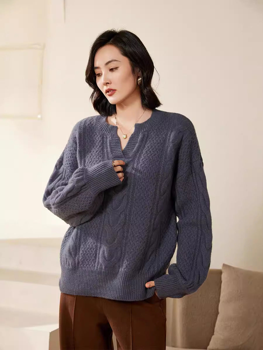 Ladies Oversize Cable Knit Sweater with V-Inset and Cashmere-like Softness Chichicherry