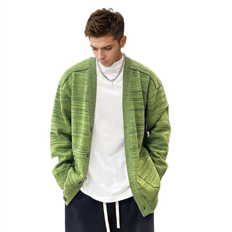Herren Lockerer Melierter Oversize-Strickcardigan mit Knopfleiste und aufgesetzten Taschen Chichicherry