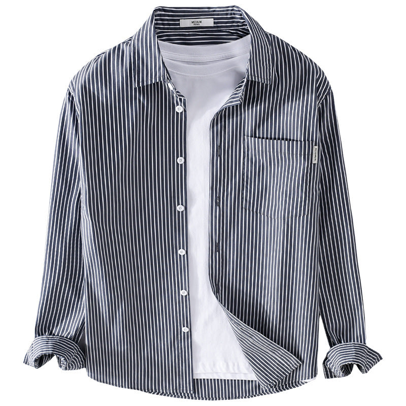 Men's Lightweight Long Sleeve Shirt Made of Cotton Blend with Fine Vertical Stripes and Chest Pocket Chichicherry