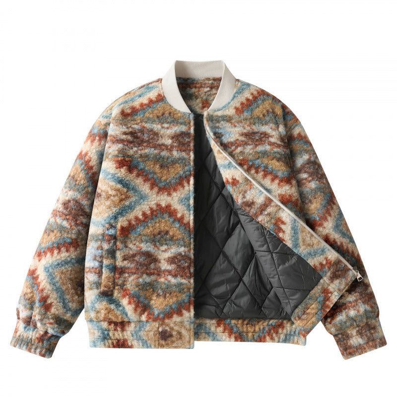 Unisex Boxy Fleece Bomber Jacket with Aztec Pattern and Zipper Chichicherry