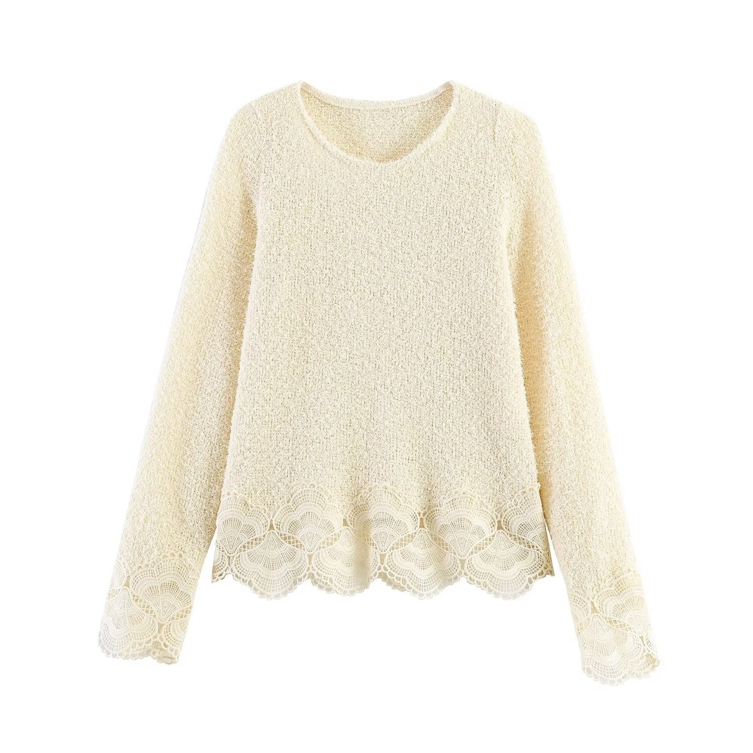 Women Boucle Knit Sweater with Lace Trim and Wavy Hem Chichicherry
