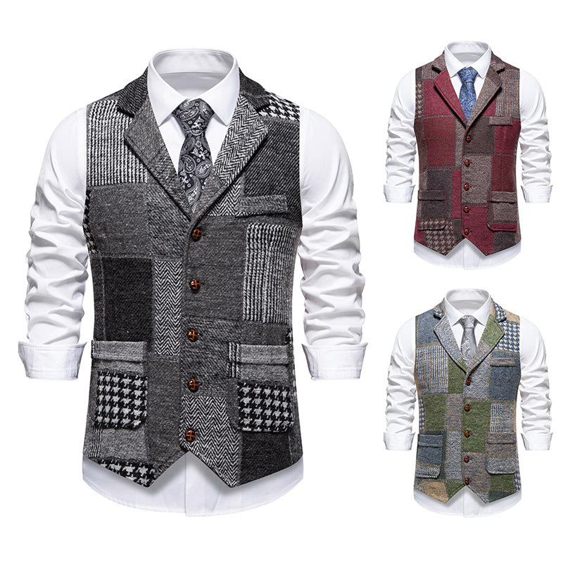 Men's Patchwork Tweed Vest with Notched Lapel and Flap Pockets Chichicherry