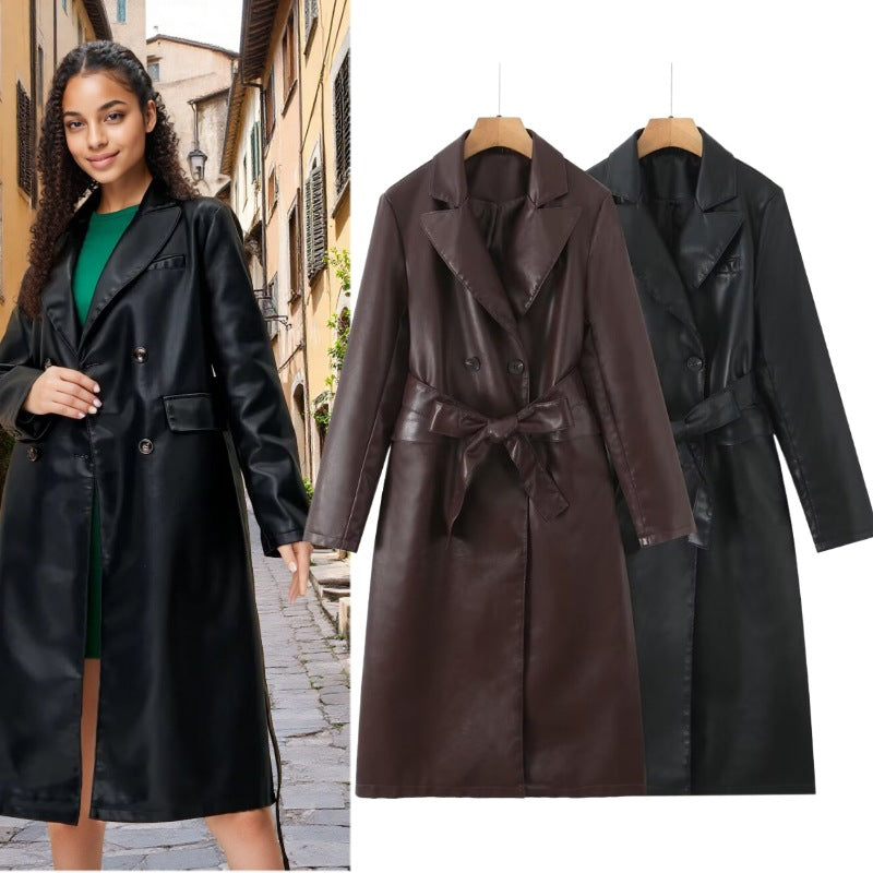 Women's Longline Faux Leather Trench Coat with Double-Breasted Button Placket and Waist Belt Chichicherry