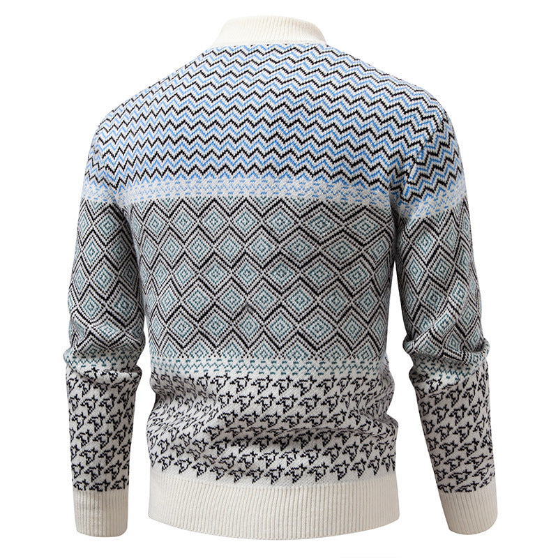 Men's fine knit mock neck sweater with geometric jacquard and ribbed finishes Chichicherry
