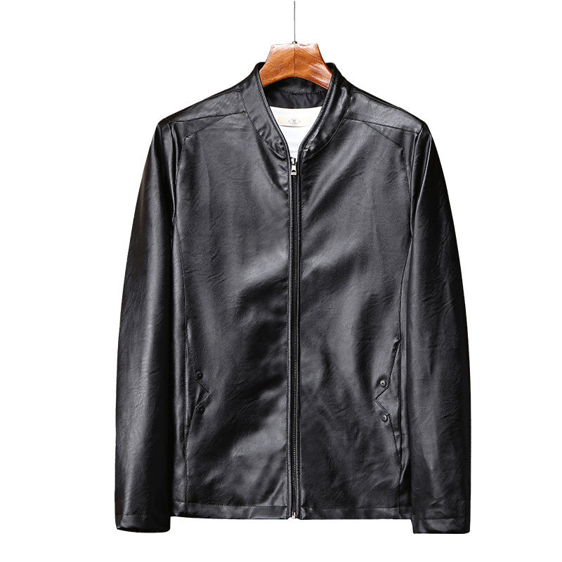 Men's slim faux leather moto jacket with stand-up collar and zippered pockets Chichicherry