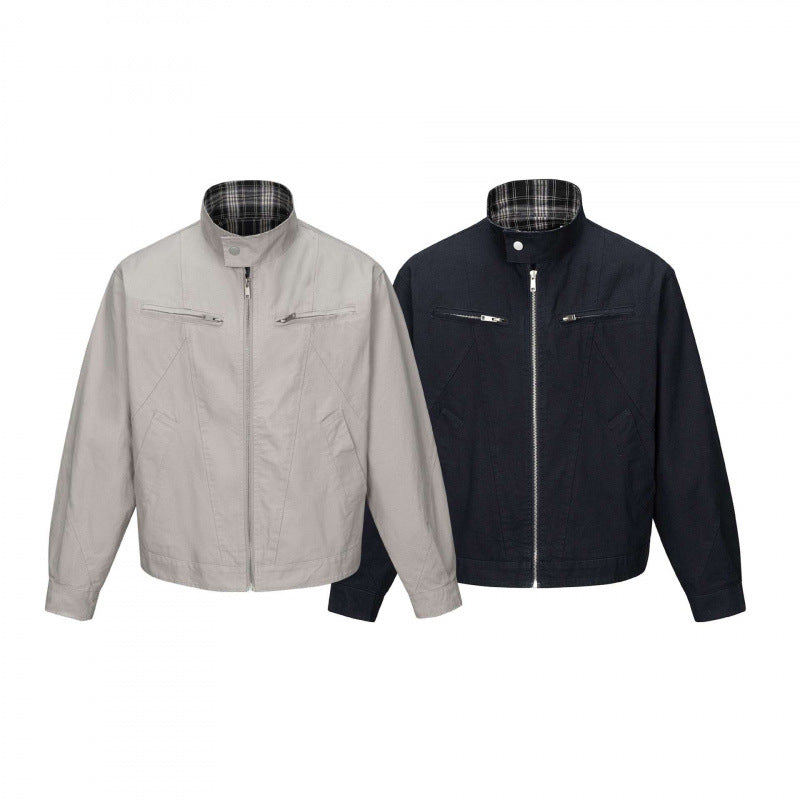 Men's cropped canvas blouson jacket with stand-up collar, zippered pockets, and checkered lining Chichicherry