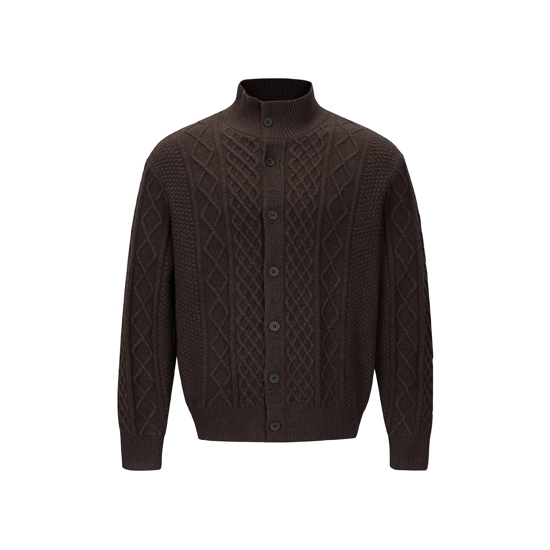 Men's knitted cardigan with cable pattern, standing collar and buttoned front Chichicherry