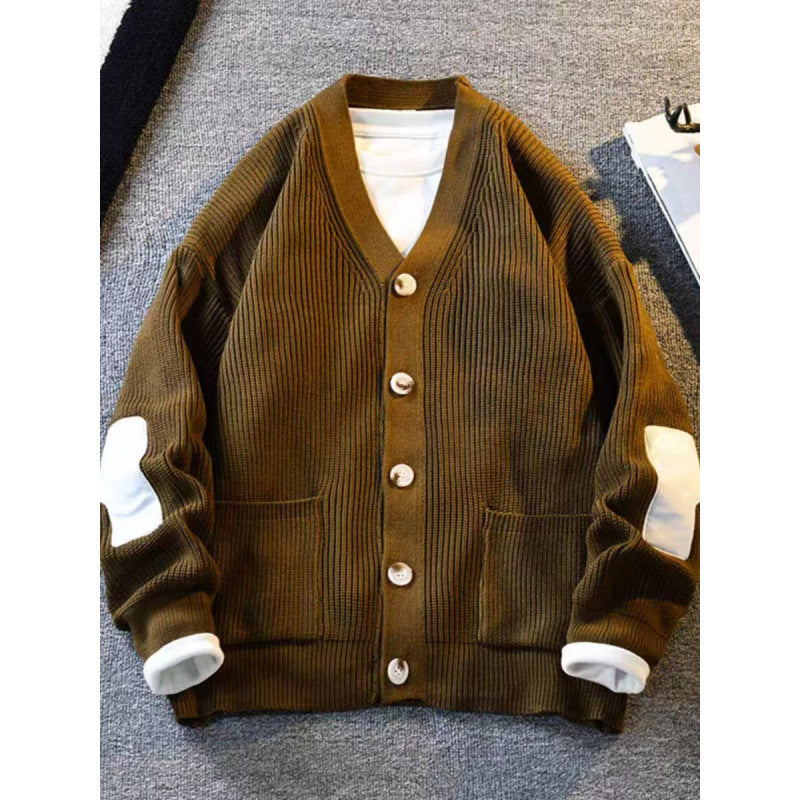 Herren Oversized Strickcardigan mit Ellenbogen-Patches und aufgesetzten Taschen Chichicherry