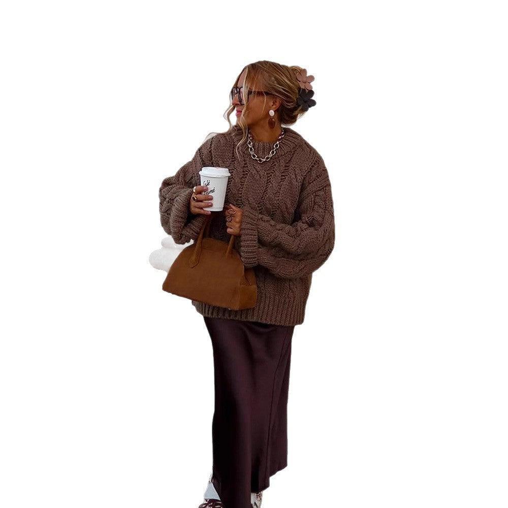 Women's Oversize Chunky Knit Sweater with Cable Knit, High Collar and Extended Sleeves Chichicherry