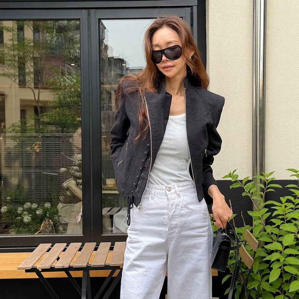 Women's Short Cut Lace-Up Biker Jacket with Asymmetrical Zipper Chichicherry