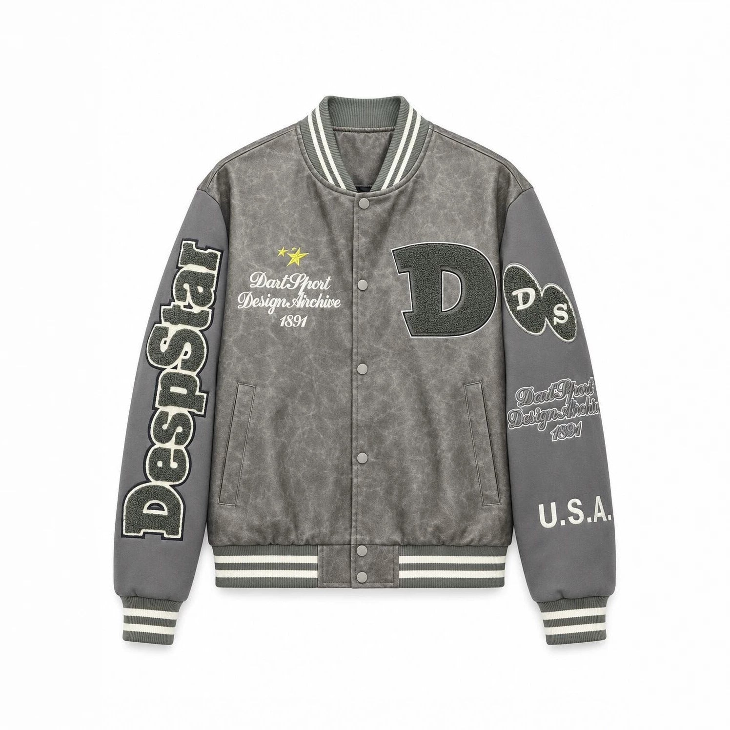 Men's varsity bomber jacket in college style made of faux leather with appliqués Chichicherry