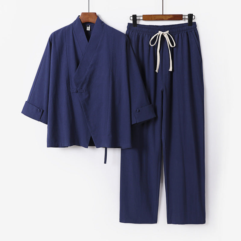 Unisex Lightweight Zen Lounge Set in Kimono Style with Dropped Shoulder Concealed Knot Placket and Elastic Drawstring Pants Chichicherry