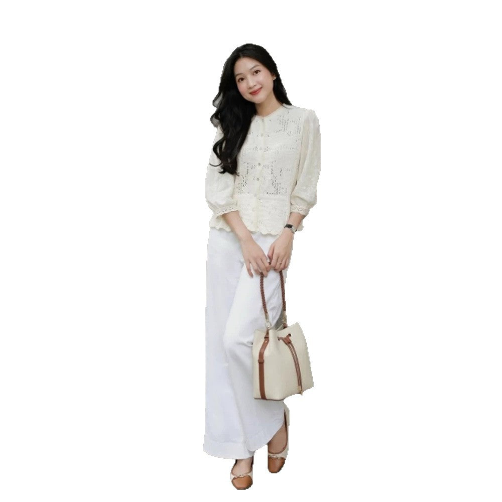 Women's Romantic Crochet Blouse with Continuous Button Placket, V-Neck and Three-Quarter Balloon Sleeves Chichicherry