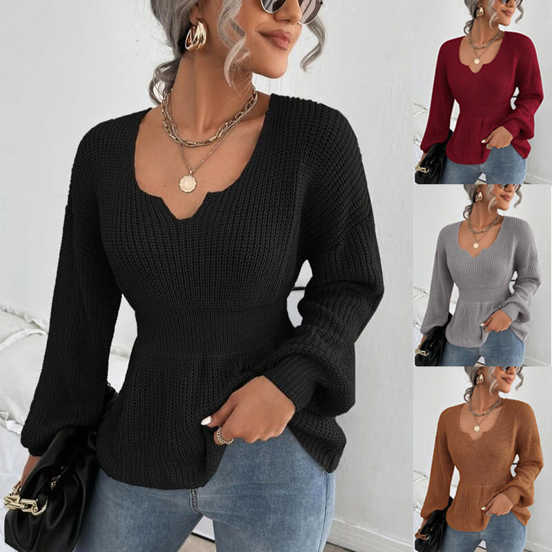 Women's Tailored Fine Knit Sweater with Notched V-Neck, Waist-Emphasizing Ribbed Area, and Balloon Sleeves Chichicherry