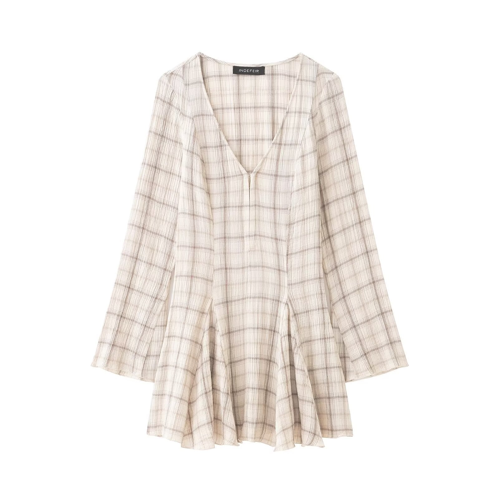 Women's Lightweight V-Neck Midi Dress with Check Pattern, Tailored Godet Skirt and Crinkle Structure Chichicherry
