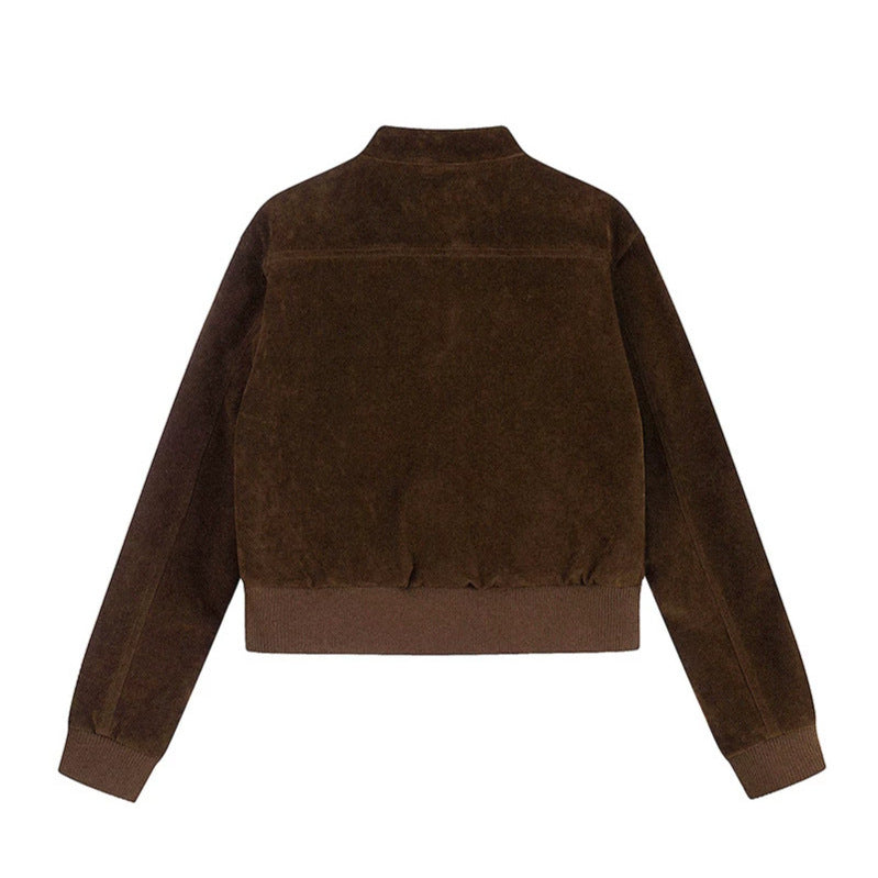 Women's Short Cut Velvet Velour Bomber Jacket with Stand-up Collar and Multifunctional Pockets Chichicherry