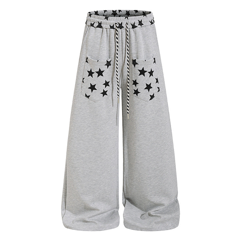 Women's extra wide palazzo sweatpants with comfort waistband, drawstring and star appliqué Chichicherry