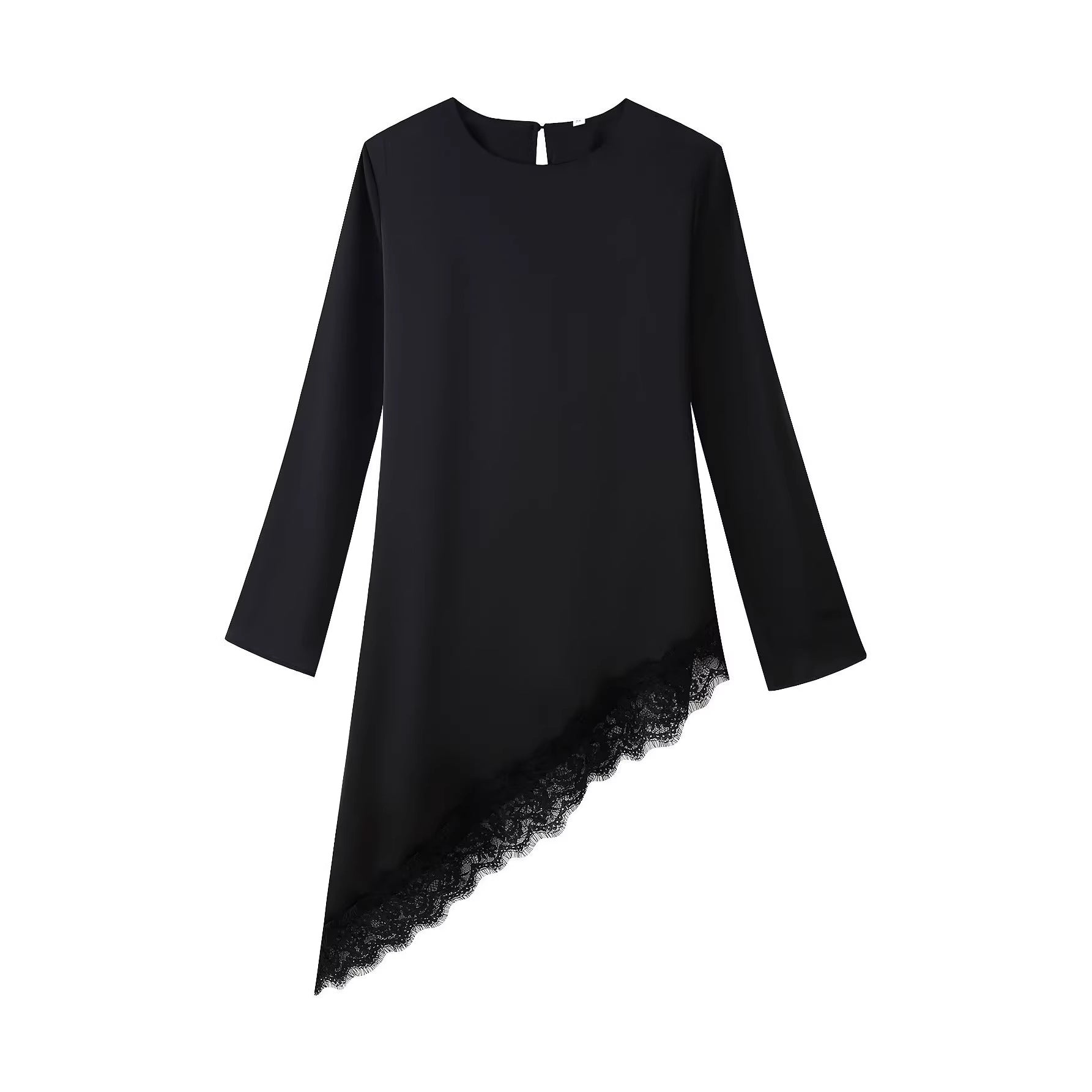 Women Asymmetrical Chiffon Blouse with Lace Trim and Long Sleeves Chichicherry