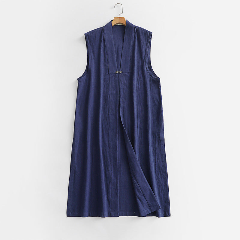Women's Long Sleeveless Kimono Vest made of Linen Blend with Narrow Shawl Collar and Decorative Toggle Closure Chichicherry
