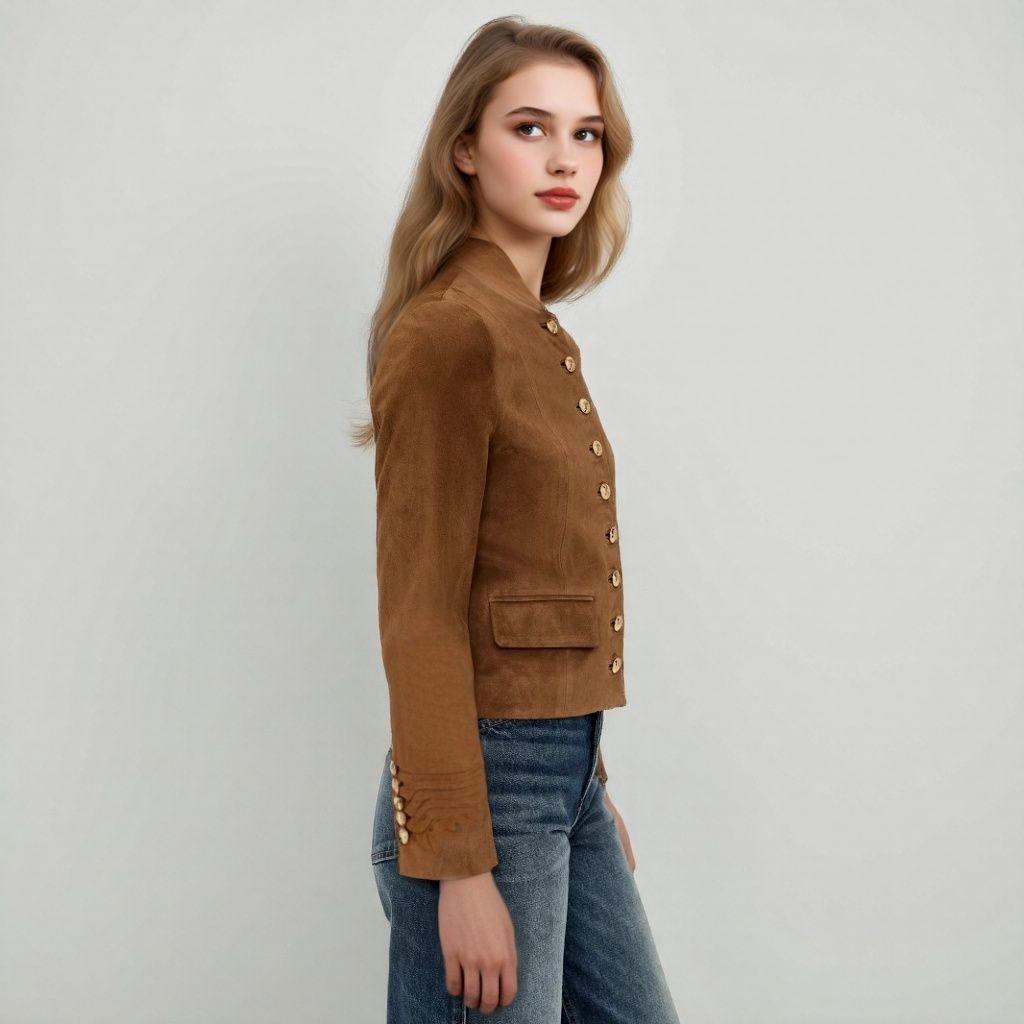 Women's Tailored Suede Look Jacket with Stand-Up Collar and Decorative Button Placket Chichicherry