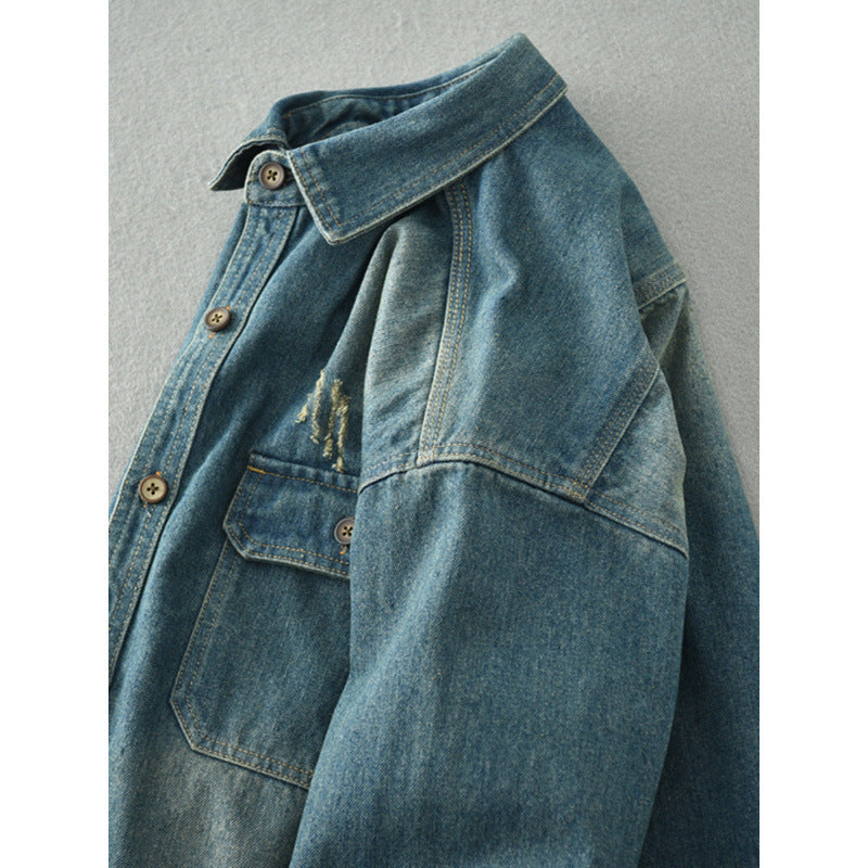 Herren Denim-Hemdjacke im Used-Look mit aufgesetzten Brusttaschen und Knopfleiste Chichicherry