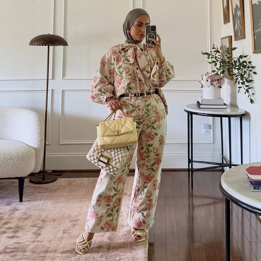 Women's Two-Piece Floral Print Co-Ord Set with Oversized Blouson and High-Waist Pants Chichicherry