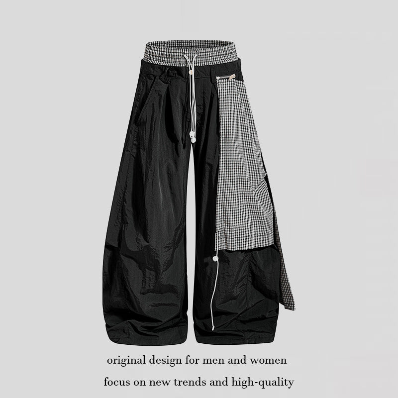 Women's wide baggy pants with asymmetrical check side panel and drawstring Chichicherry