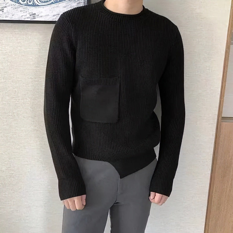 Herren Grobgerippter Rundhalspullover mit aufgesetzter Brusttasche Chichicherry