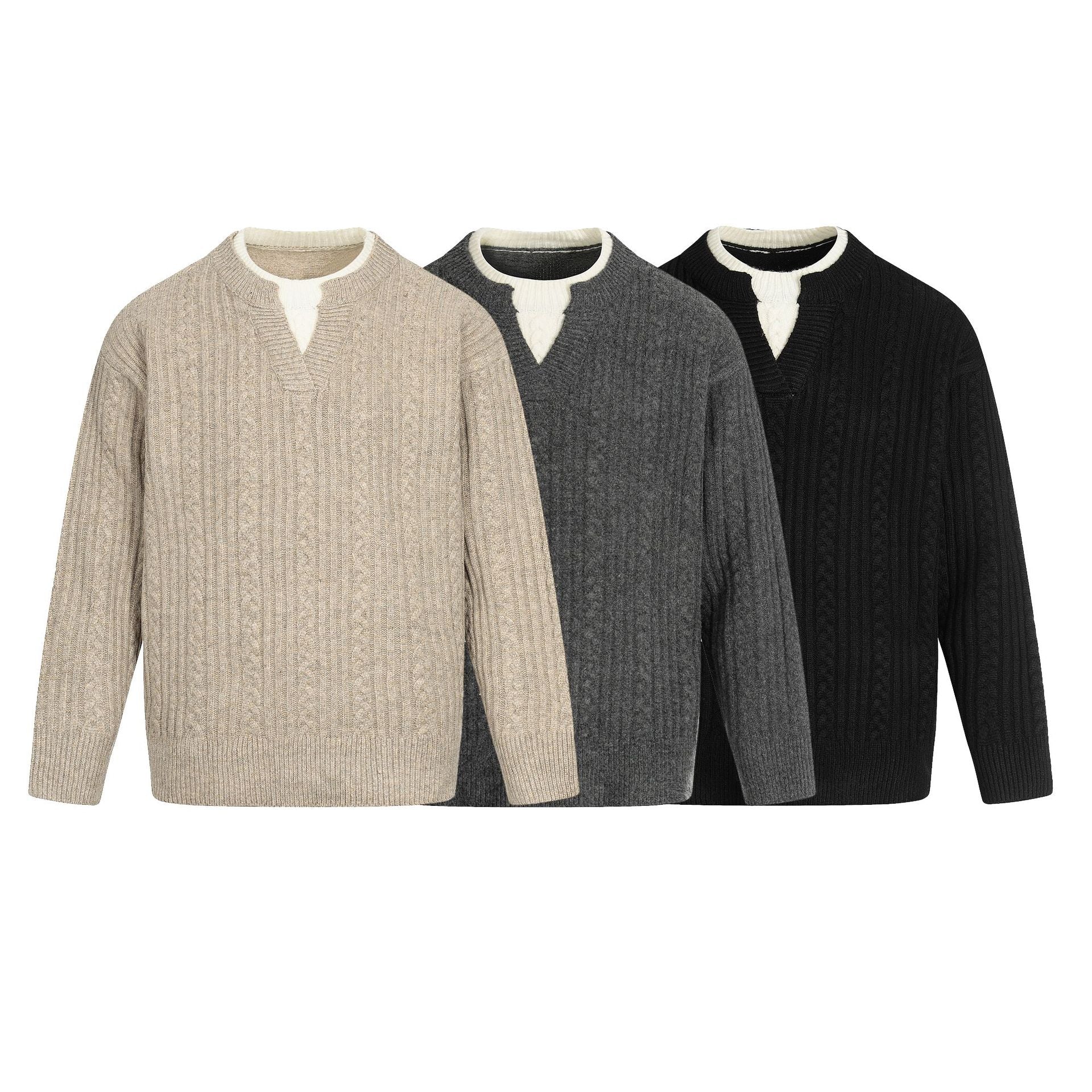 Men's cable knit sweater with V-insert and double roll collar Chichicherry