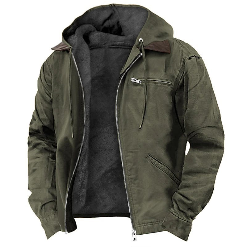 Men's Padded Hoodie Jacket with Teddy Lining, Windproof Canvas and Zipper Pockets Chichicherry