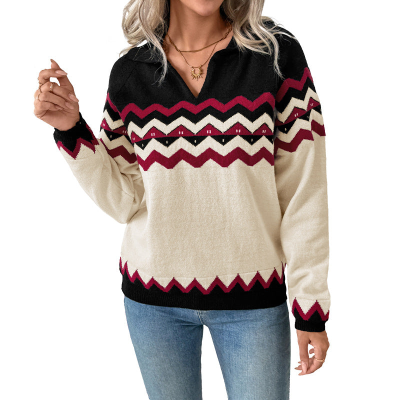 Women's Cozy V-Neck Knit Sweater with Zigzag Jacquard and Hooded Collar Chichicherry