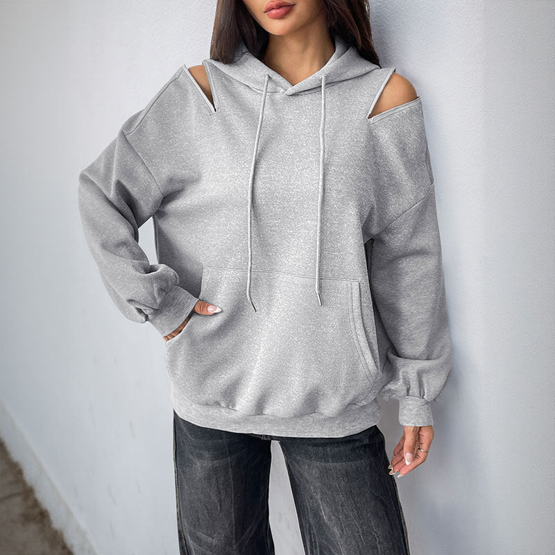 Women Casual Hoodie with Shoulder Openings, Kangaroo Pocket and Ribbed Cuffs Chichicherry